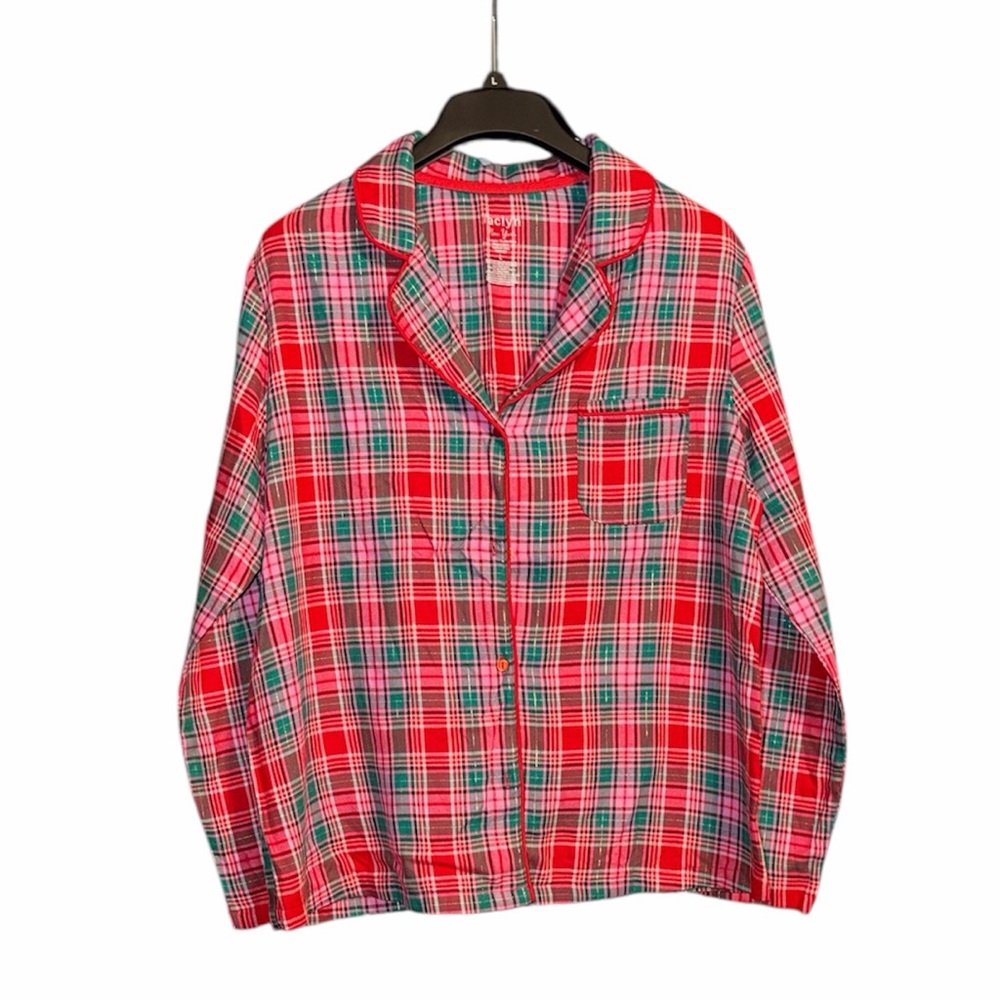 Jaclyn New York Red and Green Plaid Button-Up Pajama Shirt, Size Large